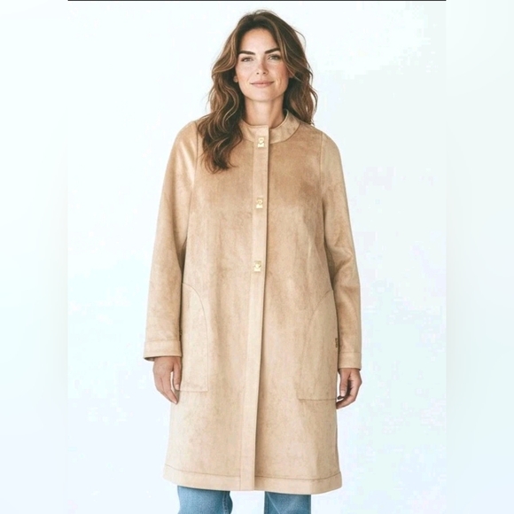 Gretchen Scott Designs Jackets & Blazers - Gretchen Scott Bonne Faux Suede Long Coat Beige Womens S Turn Lock Button New